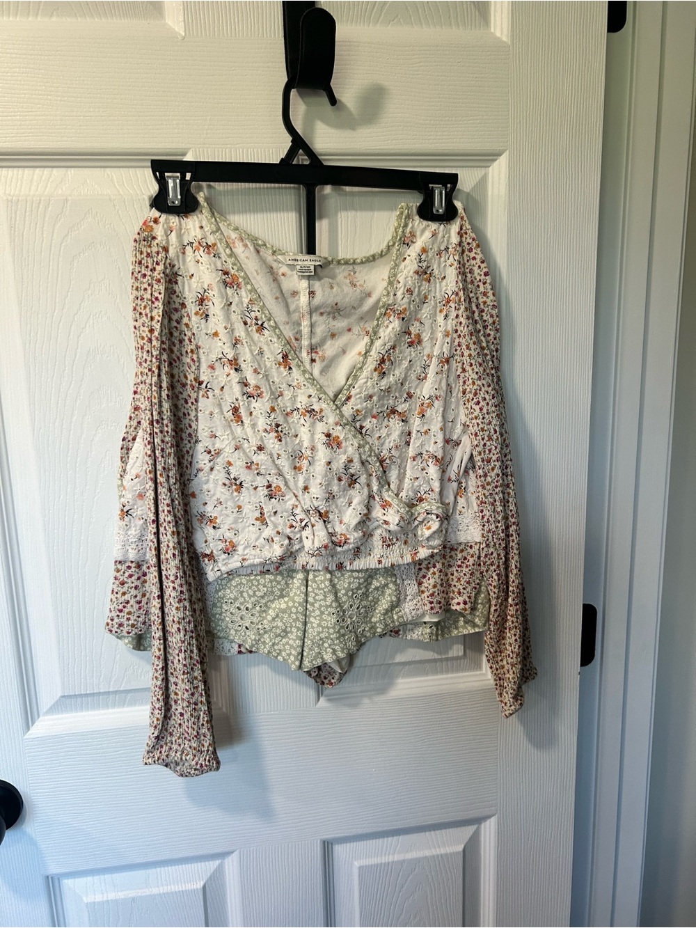 American Eagle Outfitters Mixed Floral Wrap Blouse in Cream, Pink, Green